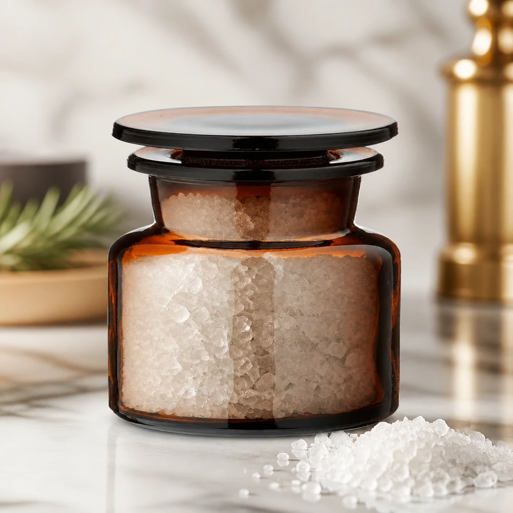 Pomysł na słoik na przyprawy: butelka aptekarska, 50 ml, brązowe szkło, szeroka szyjka Butelka aptekarska z szeroką szyjką, 50 ml, z brązowego szkła, wypełniona solą morską, na marmurowej podstawce