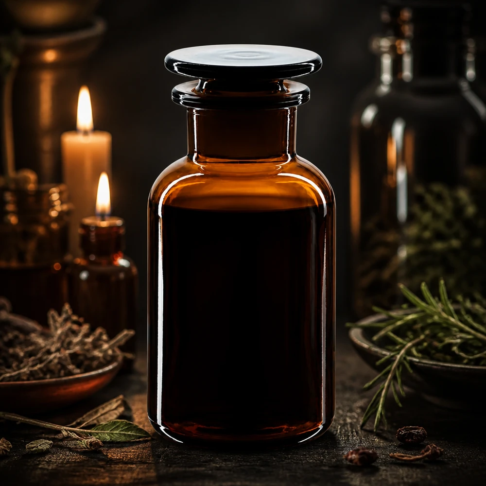 Brązowa butelka apteczna o pojemności 250 ml, z szeroką szyjką i szklanym korkiem, przeznaczona do przechowywania świec i ziół leczniczych