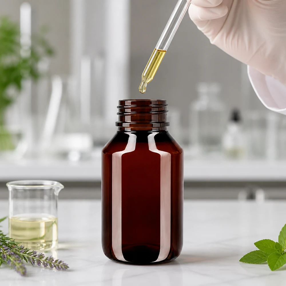 Butelka PET 50 ml z czerwoną nakrętką OV Brązowa butelka PET o pojemności 50 ml z czerwonym zamknięciem OV, przeznaczona do olejków eterycznych i kosmetyków naturalnych