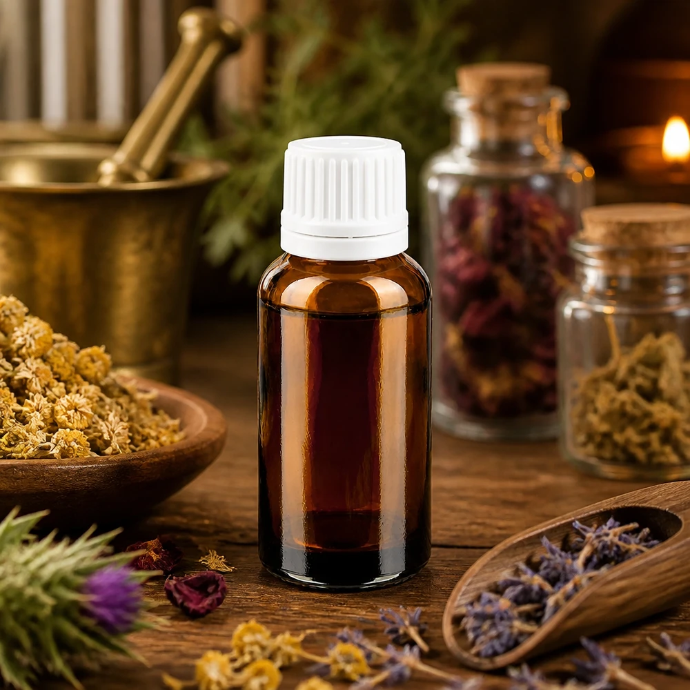 30 ml butelka z kroplomierzem 0,7 mm biała OV BrownLine UT18/30 Butelka z zakraplaczem z bursztynowego szkła o pojemności 30 ml z nakrętką UT18 z zabezpieczeniem przed manipulacją do zastosowań farmaceutycznych