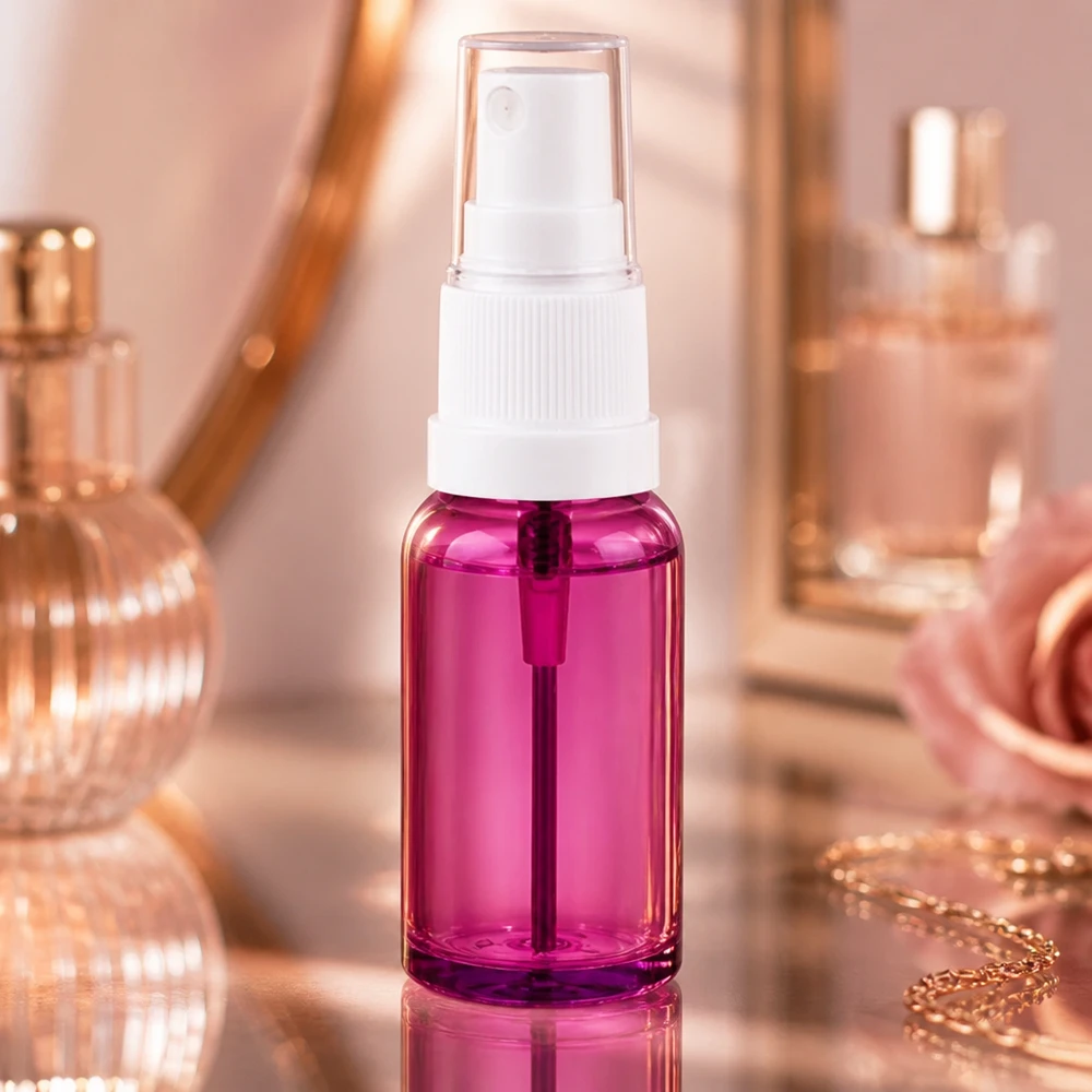 Wysokiej jakości butelka z rozpylaczem o pojemności 20 ml wykonana z przezroczystego plastiku w eleganckim fioletowym kolorze.