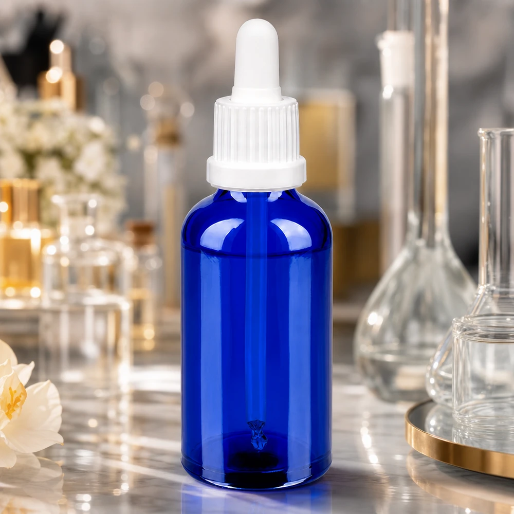 Butelka do leków płynnych 50 ml biała OV BlueLine UT18/50 Kompaktowa butelka z pipetą 50 ml OV BlueLine UT18/50 idealna do serum i nalewek
