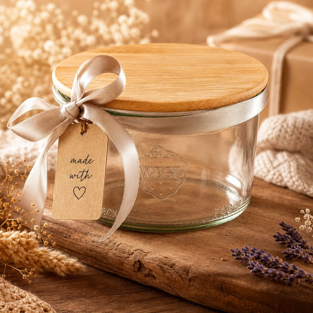 Kubki 200 ml WECK RR80 z drewnianą pokrywką WECK Sturzglas 200ml RR80 mit Bambus-Holzdeckel als Geschenkidee mit Schleife und Anhänger in warmer Dekoszene