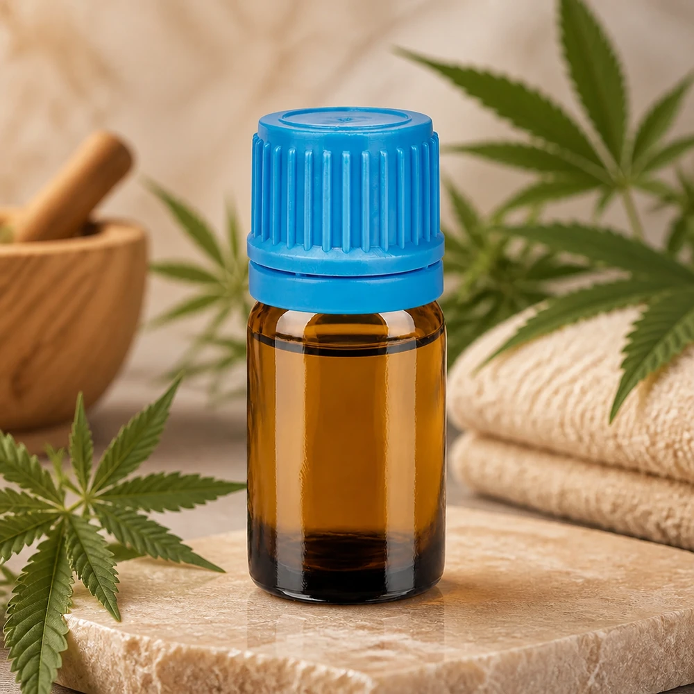 Szklana butelka o pojemności 5 ml w kolorze brązowym z niebieską pokrywką, idealna do oleju CBD i naturalnych kosmetyków.