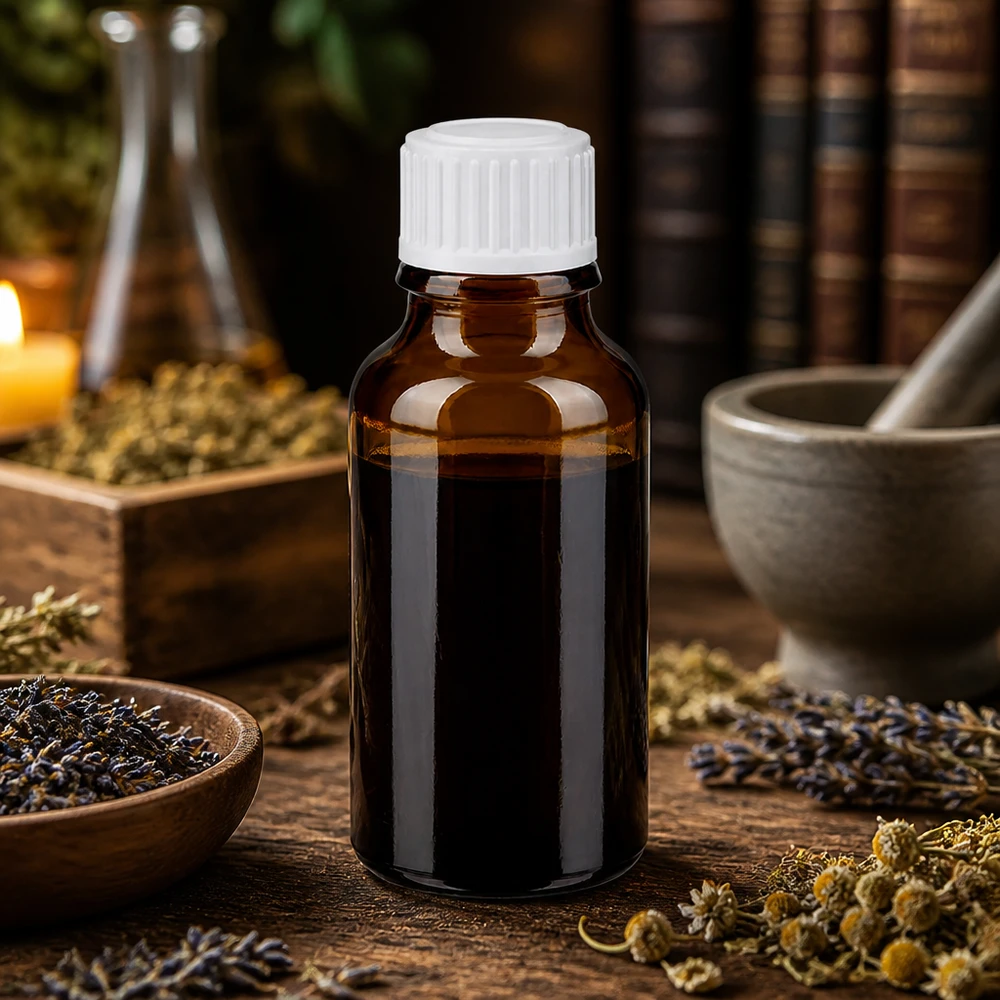 Brązowa szklana buteleczka o pojemności 20 ml z ochroną przed światłem i białym zakrętkiem z kroplomierzem STD do medycyny naturalnej
