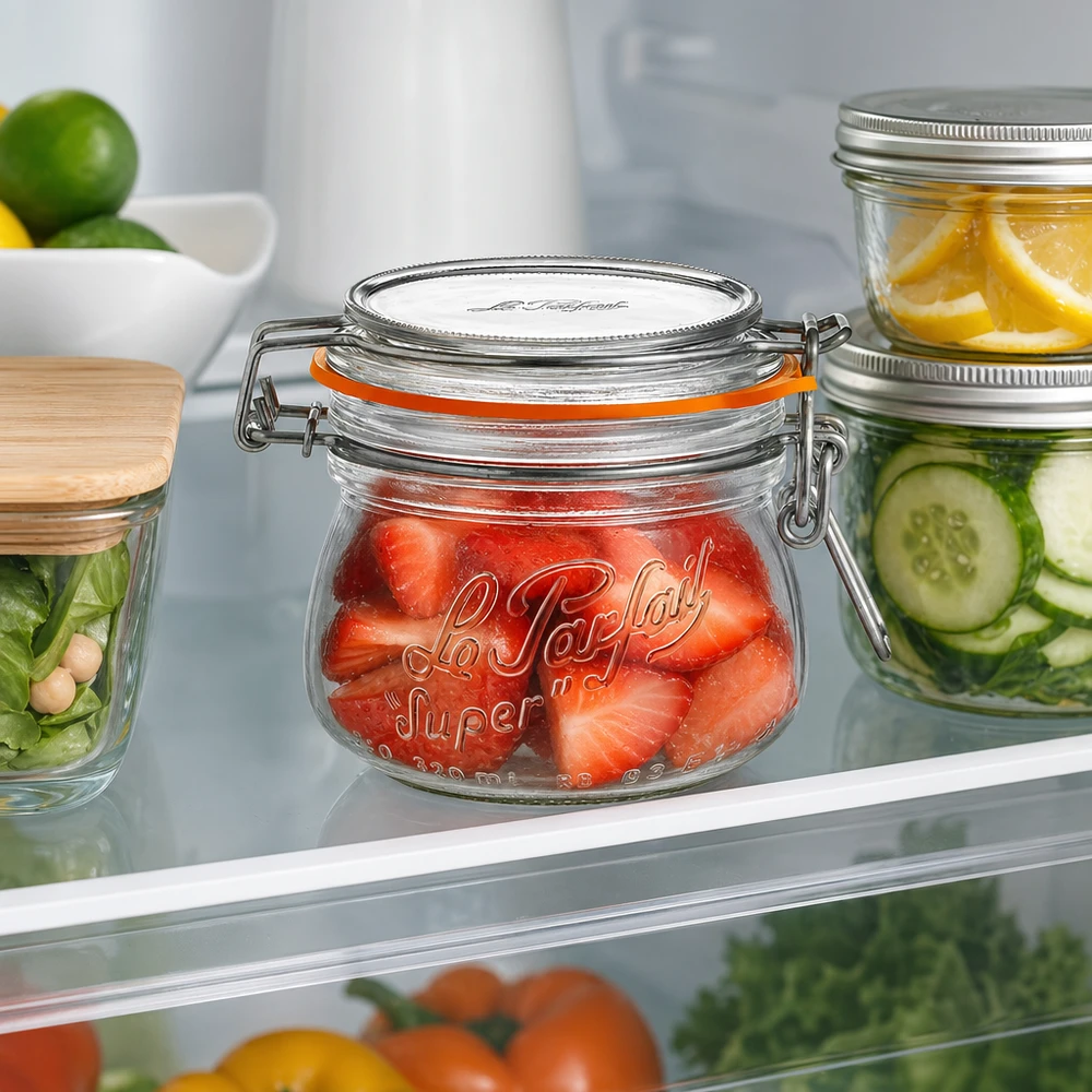 250 ml słoik do przechowywania Le Parfait Super z uchylną pokrywką wypełniony truskawkami w lodówce obok innych słoików