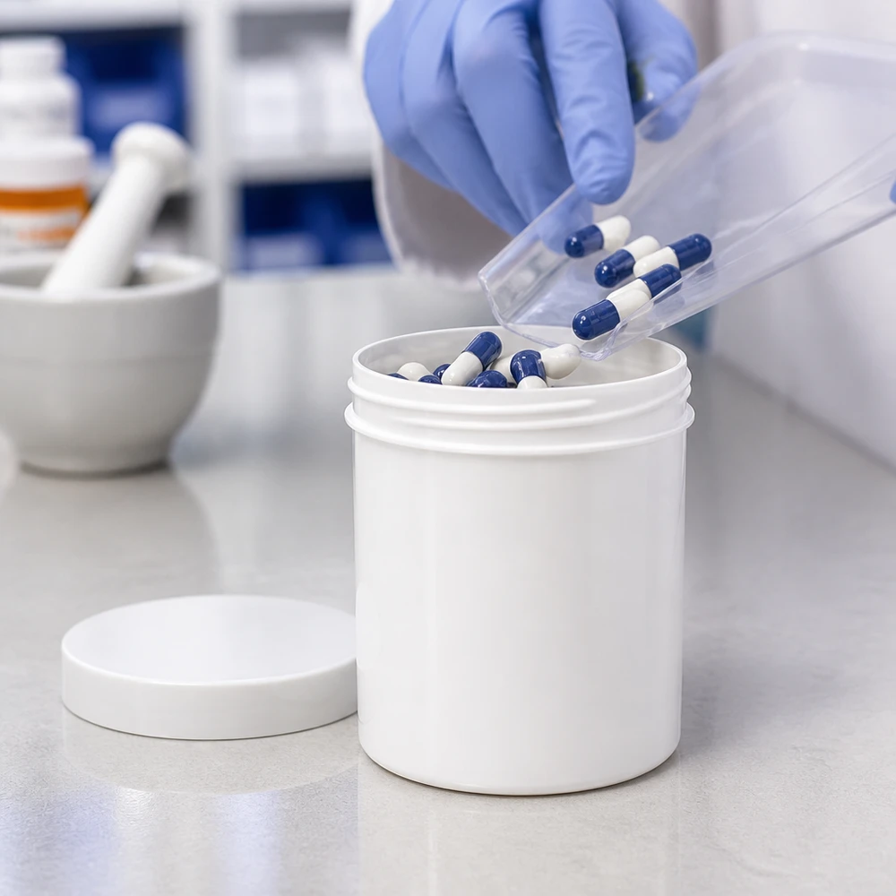 W laboratorium farmaceuta napełnia biały słoik na maść z polipropylenu (PP) o pojemności 30 g i zakrętką niebieskimi kapsułkami