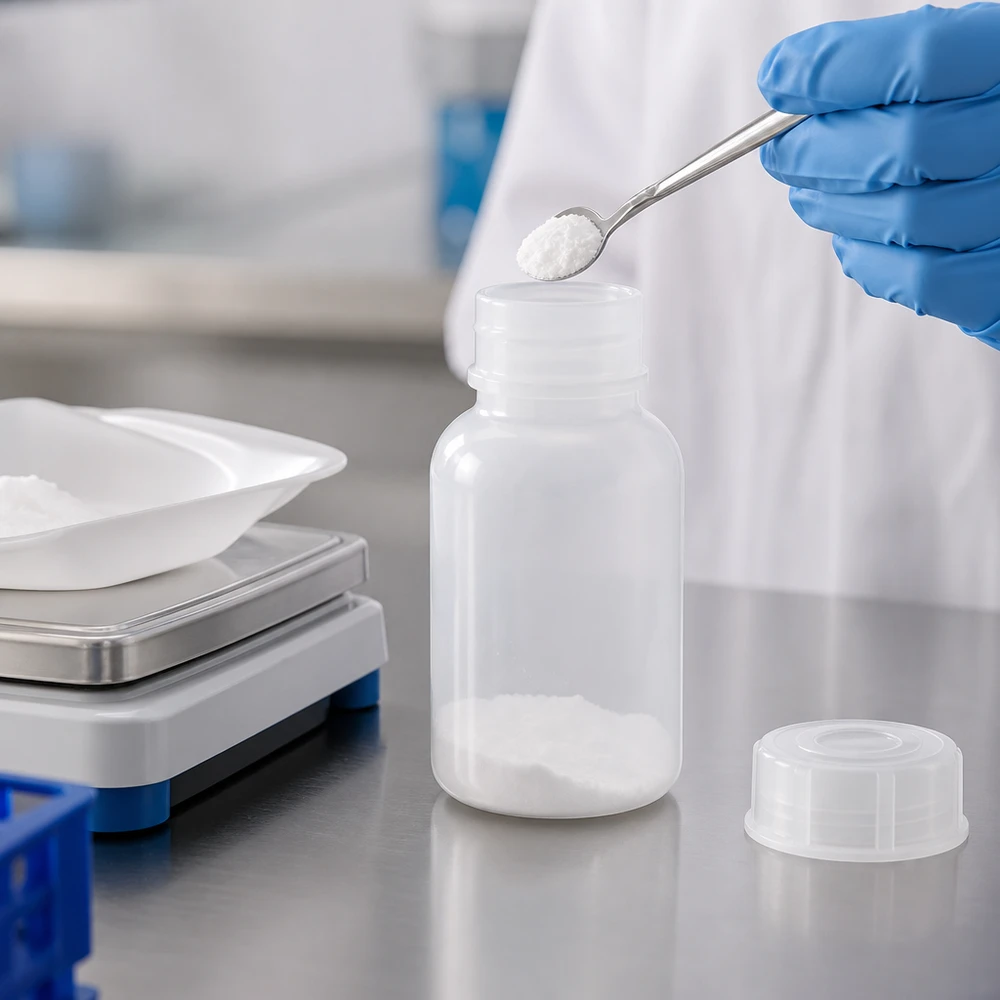 Butelka laboratoryjna 100 ml z szeroką szyjką i zakrętką Butelka laboratoryjna o pojemności 100 ml z szeroką szyjką i zakrętką podczas napełniania białym proszkiem w laboratorium