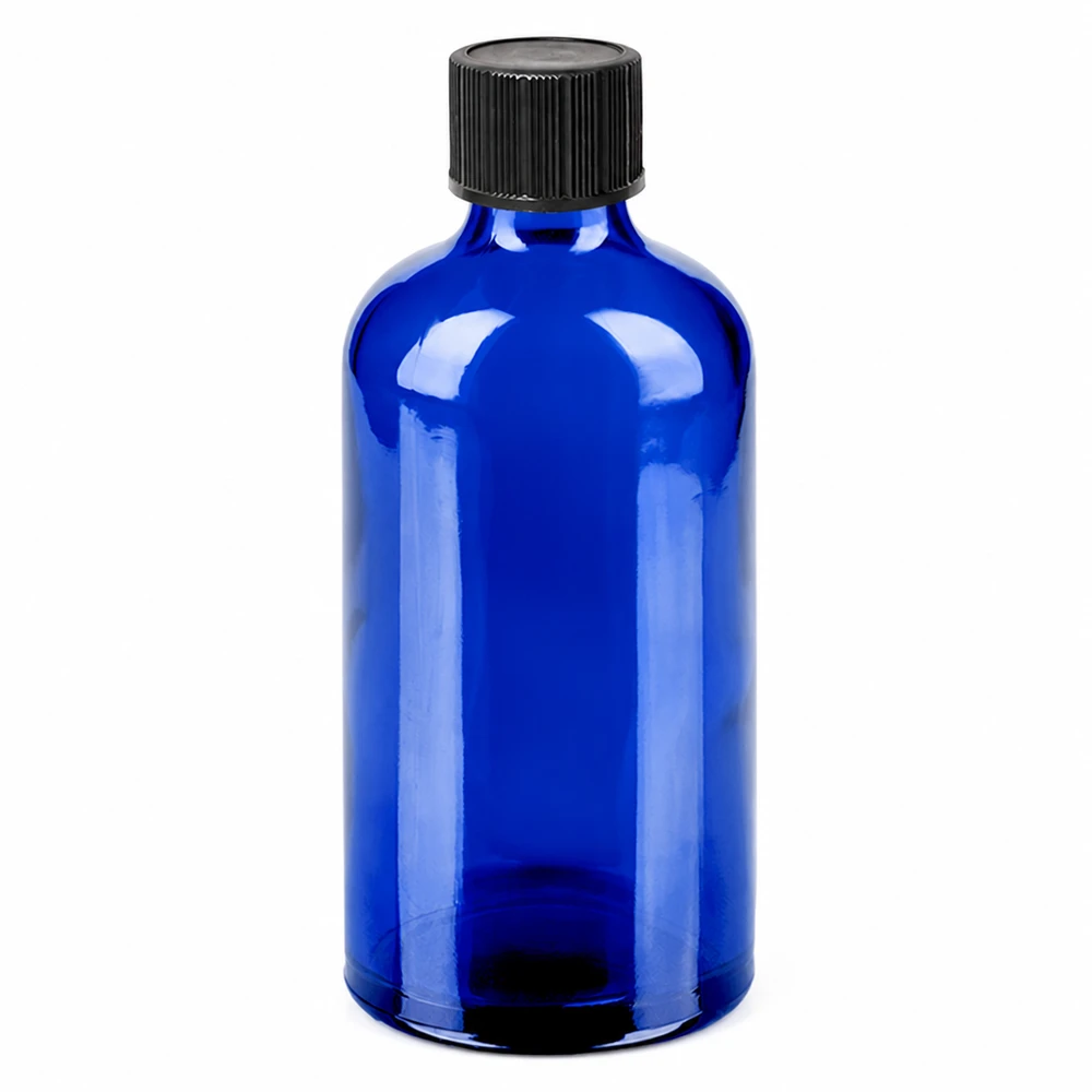 100 ml butelka z zakraplaczem 1 mm czarna STD BlueLine UT18/100 Niebieska szklana butelka z zakraplaczem 100 ml z czarną nakrętką do olejków eterycznych i nalewek