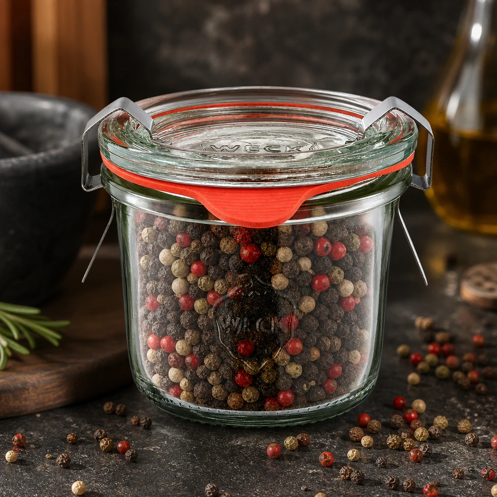 Słoik na przyprawy Pomysł: Mini słoik WECK 80 ml Szklanka WECK o pojemności 80 ml, wypełniona kolorową mieszanką pieprzu, z oryginalną szklaną pokrywką z gumowym pierścieniem