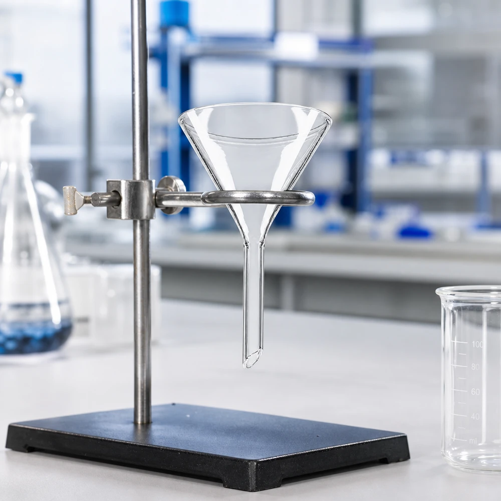 Lejek Ø 55 mm borokrzemianowy kątowy 60 krótki styl Żaroodporny lejek borokrzemianowy o średnicy 55 mm do zastosowań w laboratoriach termicznych