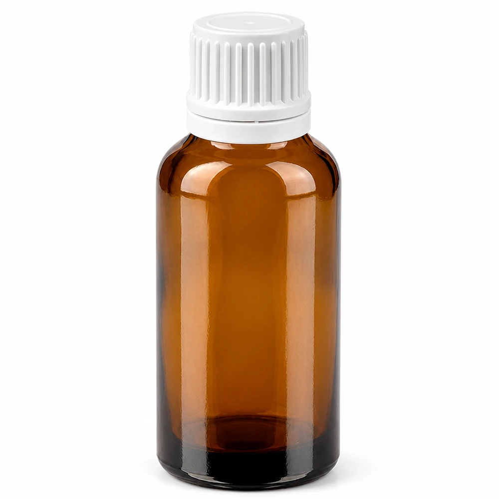 Butelka 30 ml 11 mm SV biała OV BrownLine UT18/30 Butelka z brązowego szkła o pojemności 30 ml z białą zakrętką na olejki eteryczne i leki