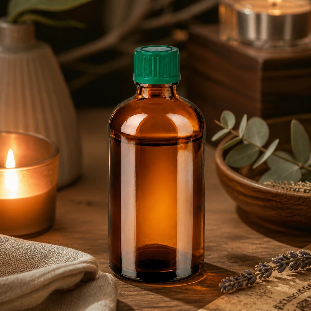 Mała butelka z bursztynowego szkła o pojemności 100 ml z zieloną pokrywką, idealna do kosmetyków i naturalnych środków leczniczych.