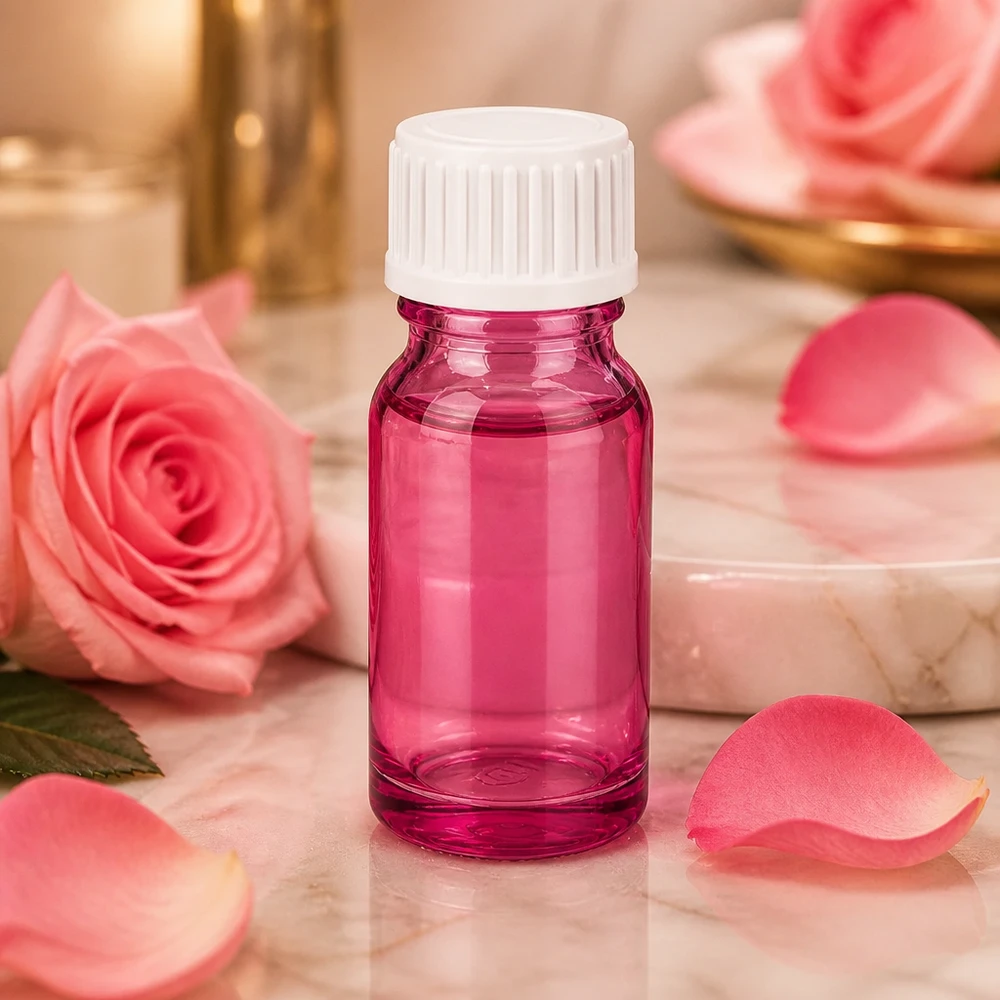 Okrągła szklana buteleczka o pojemności 10 ml w kolorze fioletowym z białym gwintem, idealna do perfum i esencji.