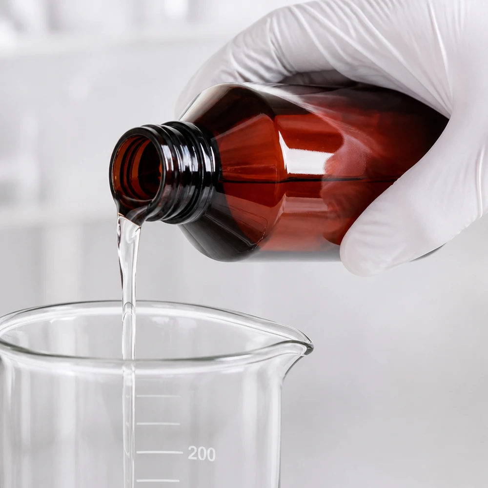 Butelka PET 200 ml z białym atomizerem Schutzhandschuh befüllt bernsteinfarbene 200ml PET Flasche mit klarer Flüssigkeit