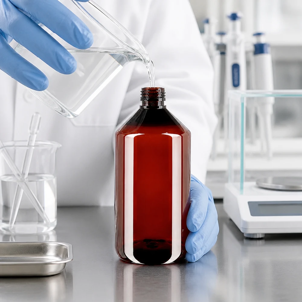 Butelka PET 750ml PP28 bez zakrętki Naukowiec nalewa przezroczysty płyn do brązowej butelki PET o pojemności 750 ml (model PP28) przy użyciu wagi laboratoryjnej