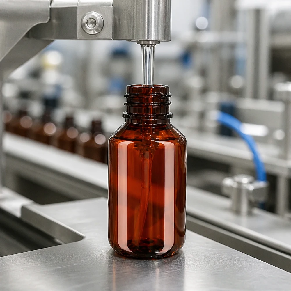 Linia rozlewnicza napełnia bursztynowe butelki PET o pojemności 100 ml na przenośniku taśmowym w zakładzie farmaceutycznym