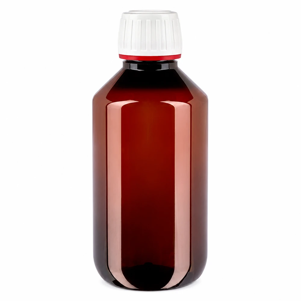 Butelka PET 200 ml z białą/czerwoną nakrętką OV Brązowa butelka PET o pojemności 200 ml z oryginalnym zamknięciem w kolorze białym i czerwonym, przeznaczona dla branży farmaceutycznej i laboratoryjnej