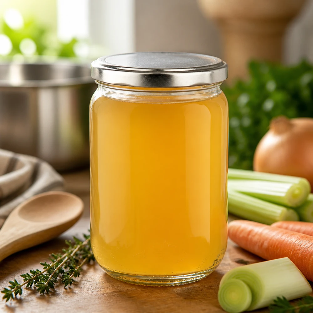 Okrągła szklanka o pojemności 555 ml z pokrywką BasicSeal w kolorze srebrnym, wypełniona domowym bulionem, na drewnianej desce z warzywami