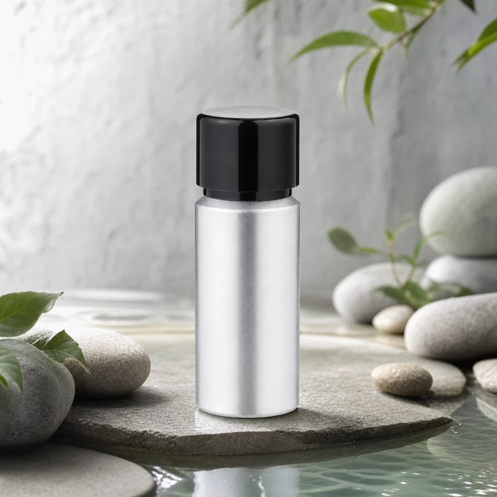 Butelka z barwionego aluminium o pojemności 20 ml z zakrętką Aluminiowa butelka o pojemności 20 ml o eleganckim wyglądzie - idealna do zastosowań aromaterapeutycznych i wellness
