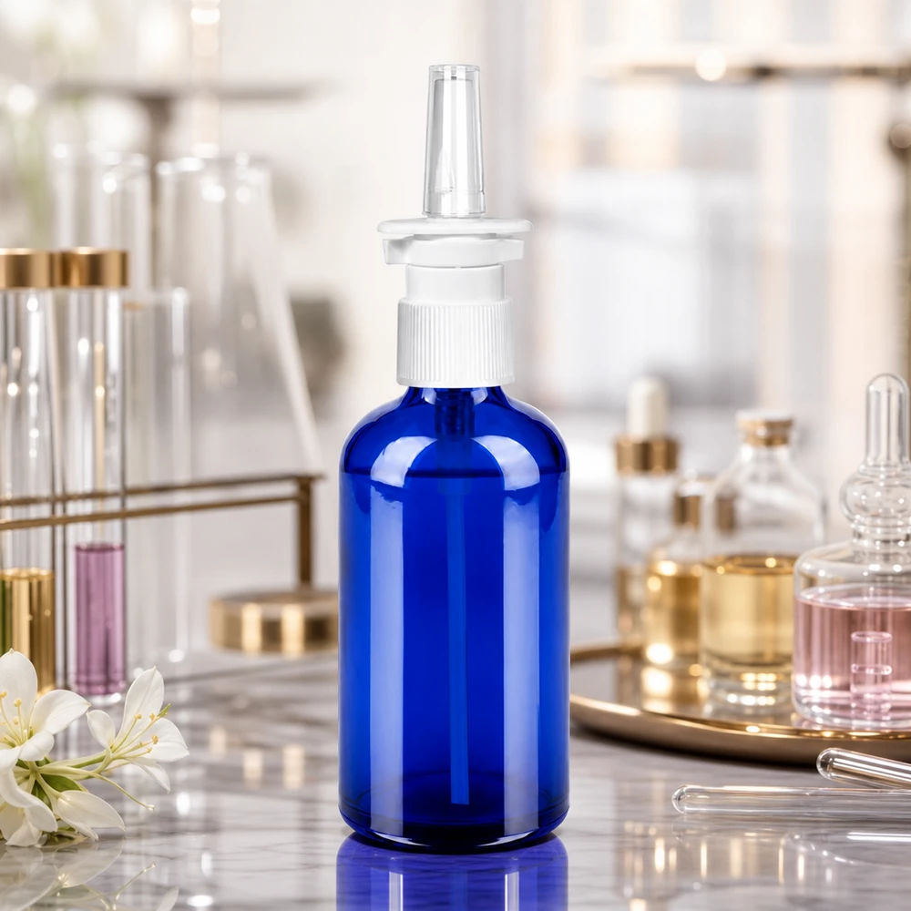 100 ml butelka z atomizerem do nosa w/tr. STD BlueLine UT18/100 Wysokiej jakości szklana butelka 100 ml z gwintem STD UT18/100 do profesjonalnej produkcji aerozoli do nosa
