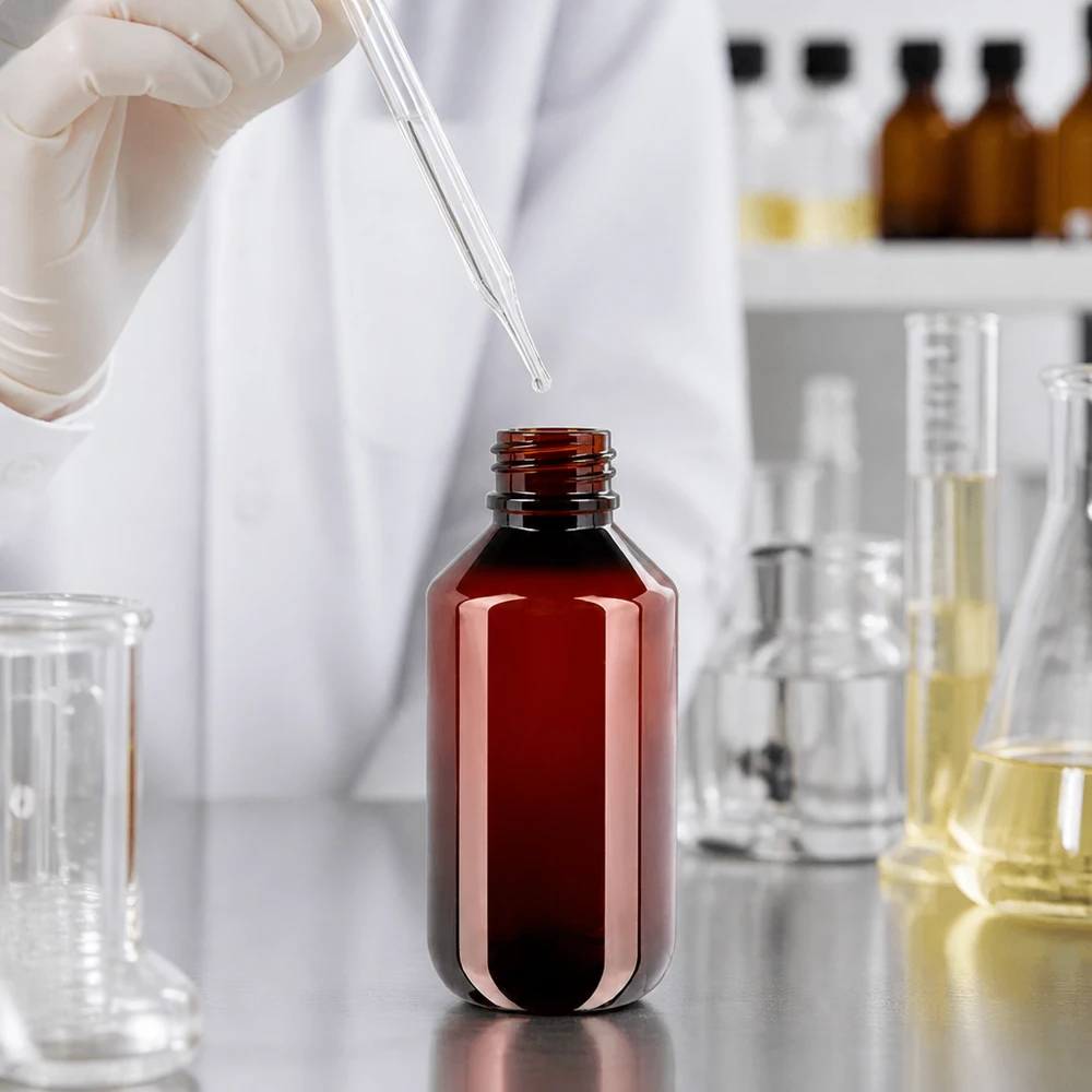 Butelka PET 200ml z czerwoną nakrętką OV Pusta brązowa butelka PET o pojemności 200 ml z czerwonym zamknięciem jest napełniana w laboratorium za pomocą pipety