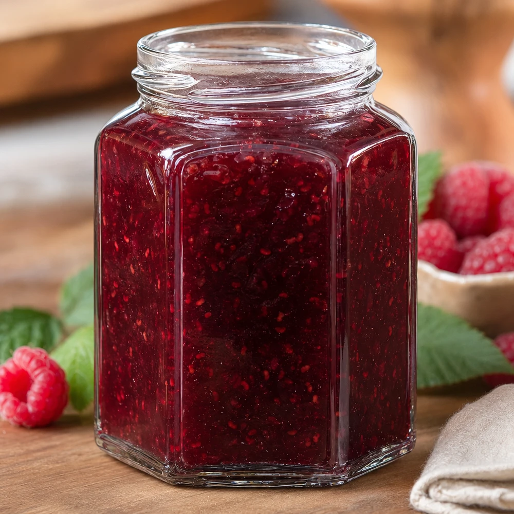 UNiTWIST Hexa288 - 6-komorowy słoik o pojemności 288 ml TO63 UNiTWIST Hexa288 sześciokątny słoik na dżem 288ml wypełniony dżemem z czerwonych malin na drewnianym stole