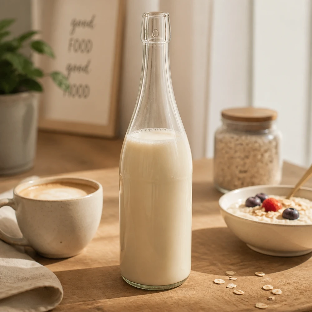 750 ml szklana butelka UNiTWIST wypełniona mlekiem owsianym obok filiżanki kawy miska na płatki śniadaniowe stół lifestyle scena