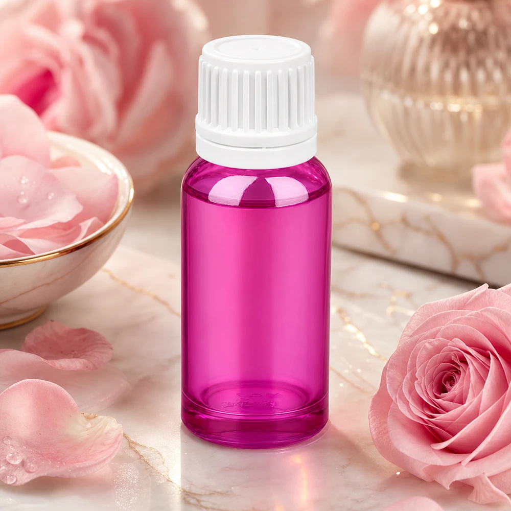 Fioletowa butelka do aromaterapii o pojemności 20 ml z białym zakraplaczem między różowymi różami i kosmetykami