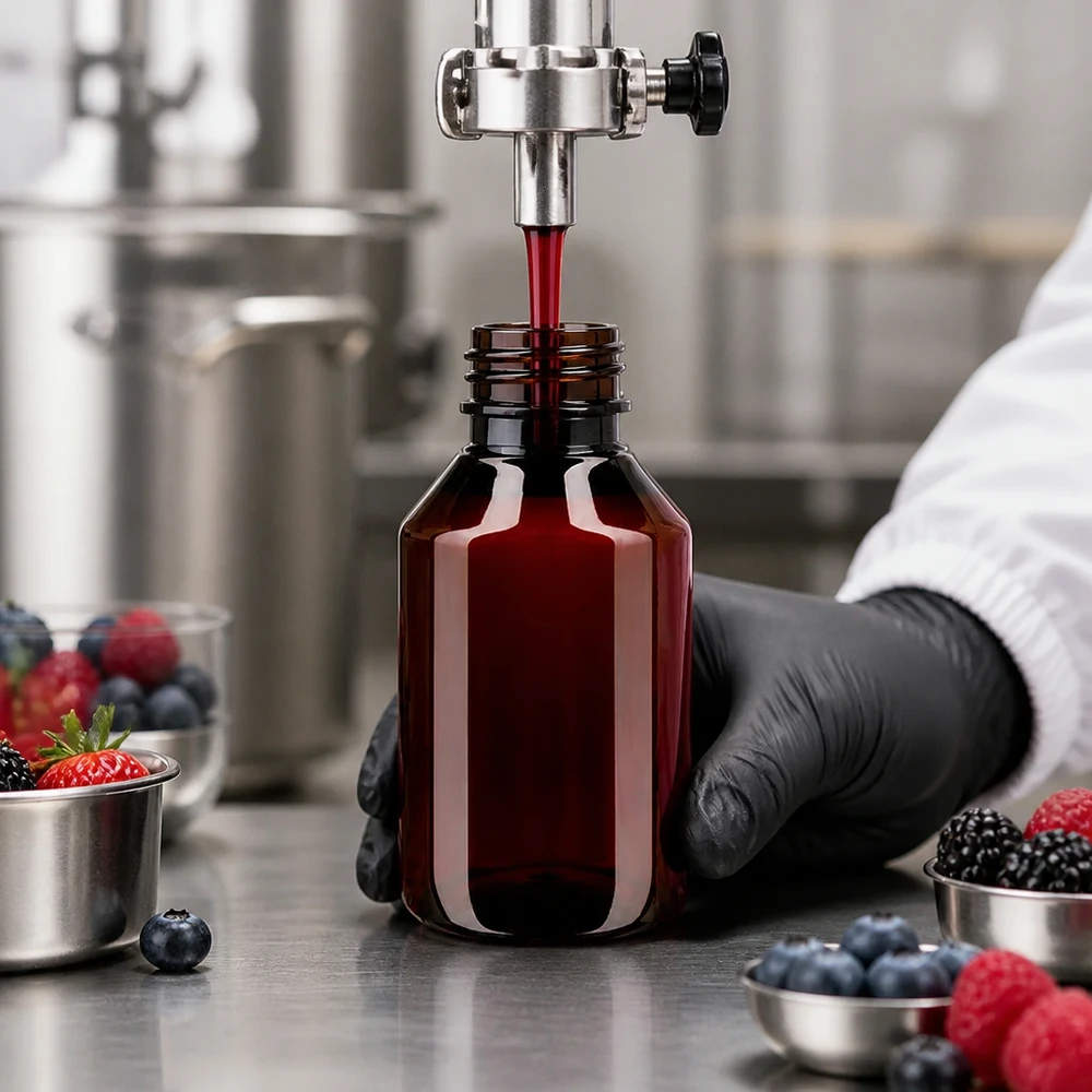 Handabfüllung mit Dosierpumpe in braune 50ml Flasche für naturbasierte Produkte