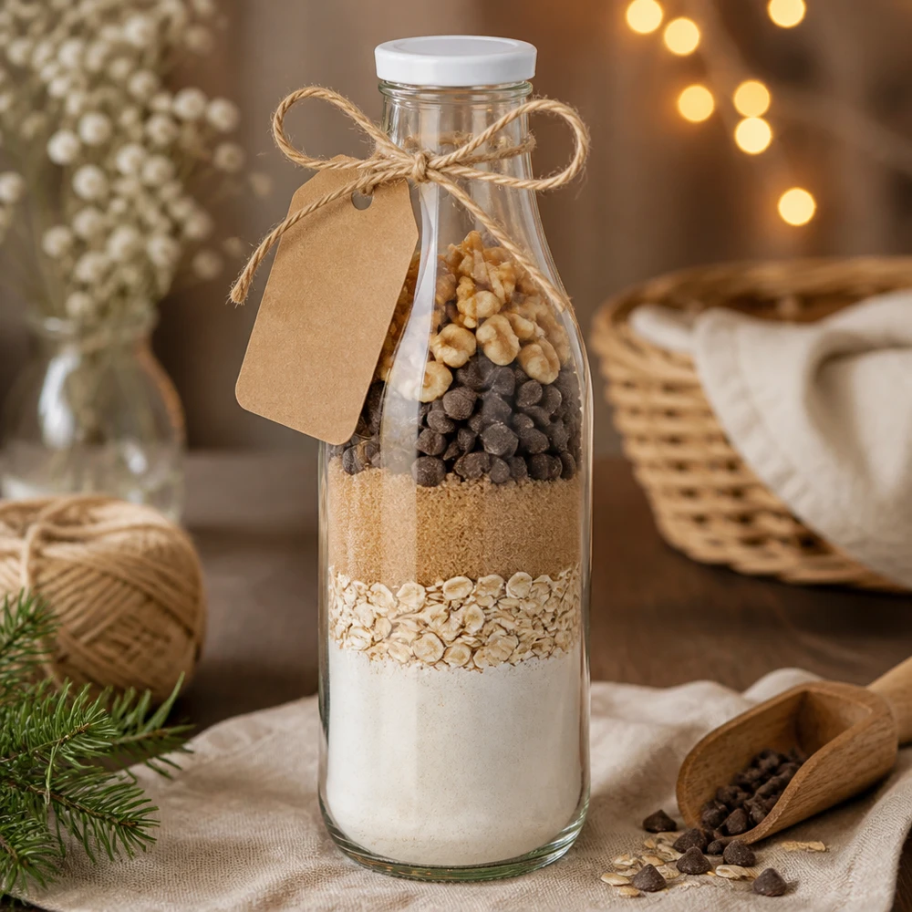 Butelka szklana 1000 ml + pokrywka BasicSeal biała UNiTWIST. Całkowicie szczelna z dużą pokrywką TO48. Do mleka, soków i lemoniady. 1000 ml szklana butelka z białą pokrywką BasicSeal na prezent Składniki na ciastka Mąka Płatki owsiane Orzechy Czekolada