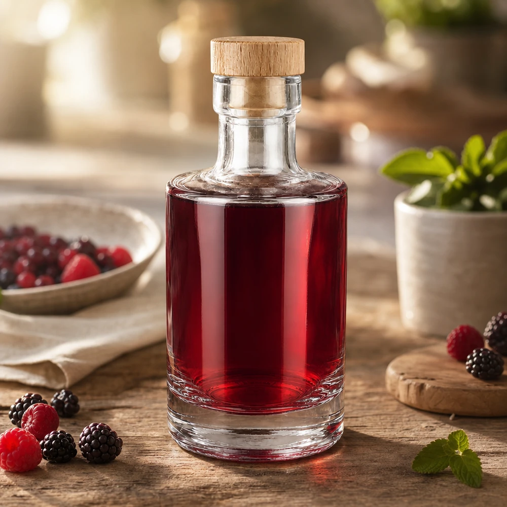 Butelka szklana 200 ml Marie z drewnianym korkiem UNiTWIST® 200ml Glasflasche Marie mit Beerenlikör befüllt, Holzkorken-Verschluss, dekoriert mit Himbeeren und Brombeeren auf Holzt