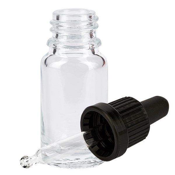 Butelka do leków płynnych 10 ml czarna OV ClearLine UT18/10 Mała szklana buteleczka o pojemności 10 ml z czarną zakrętką i szklaną pipetą, przedstawiona w stanie otwartym