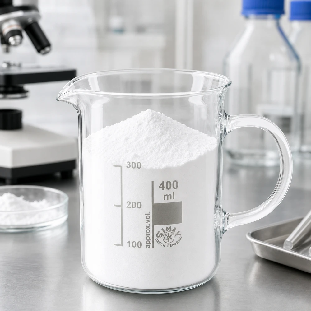 Szklanka o pojemności 400 ml z uchwytem, wypełniona białym proszkiem, stojąca na stole laboratoryjnym; szkło borokrzemowe
