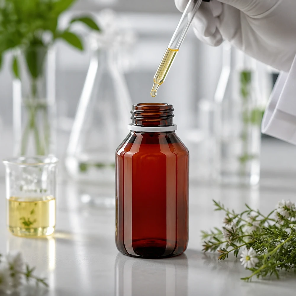 Butelka PET 50 ml z białą nakrętką typu flip-top. Brązowa plastikowa butelka o pojemności 50 ml z klapką, przeznaczona do olejków eterycznych w laboratorium