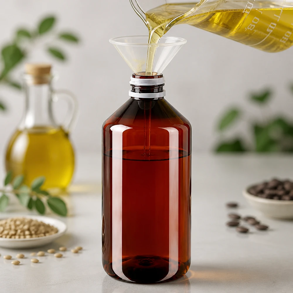 Butelka PET 750 ml z białym karbowanym OV Butelka PET o pojemności 750 ml w kolorze bursztynowym podczas napełniania żółtym olejem za pomocą lejka