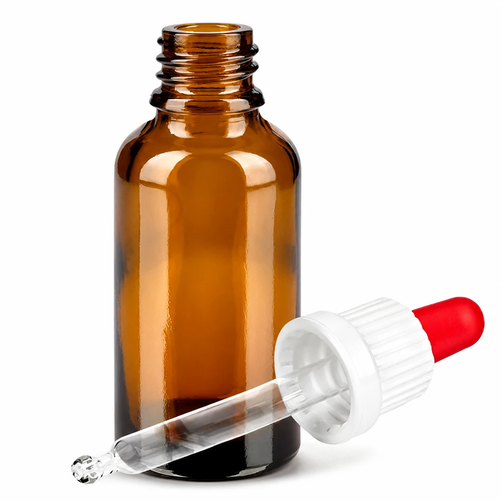 30 ml butelka z pipetą, biała/czerwona OV BrownLine UT18/30 Butelka z brązowego szkła 30 ml z pipetą z zakraplaczem do olejków eterycznych i serum - ochrona przed promieniowaniem UV dzięki ciemnemu szkłu