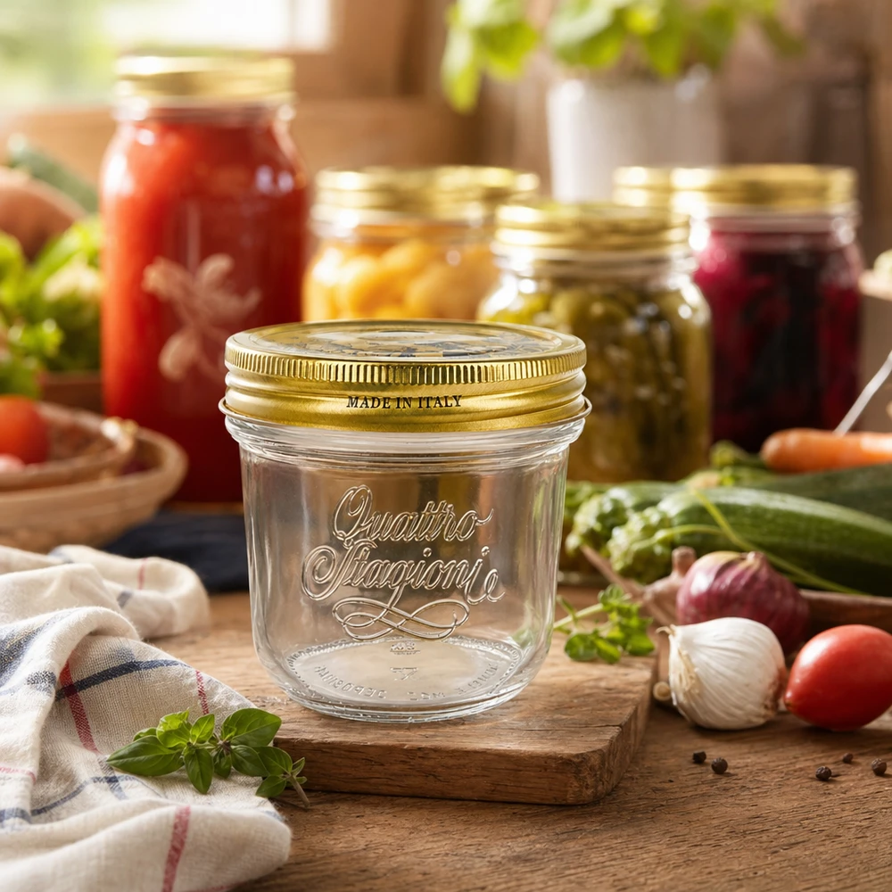 Słoik 200 ml „Quattro Stagioni” z pokrywką Słoik na przetwory Quattro Stagioni 200 ml ze złotą pokrywką na drewnianej desce w otoczeniu słoików na przetwory i świeżych warzyw