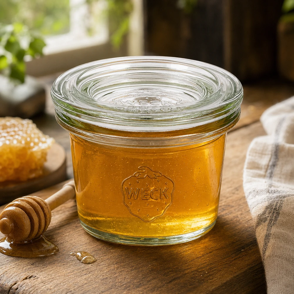 Kubki 35 ml ze szklaną pokrywką WECK RR40 Słoik WECK 35ml RR40 wypełniony miodem na drewnianej desce z łyżką miodu i plastrem miodu w naturalnej atmosferze