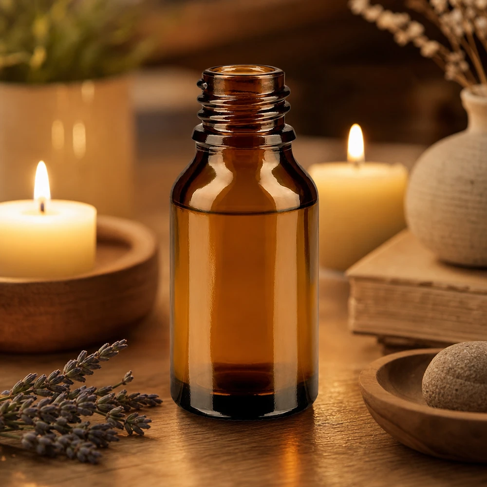 Butelka z zakraplaczem 15 ml DIN 18 szkło bursztynowe 15 ml brązowa butelka aptekarska ApoGlas w ciepłym świetle świec z gałązkami lawendy i akcesoriami spa na drewnianej powierzchni