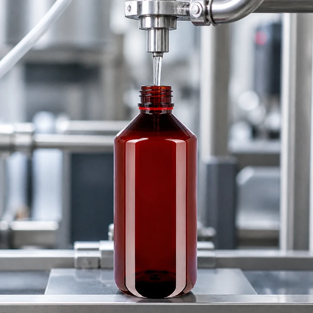 Linia rozlewnicza napełnia przemysłowo brązowe butelki PET o pojemności 1000 ml z oryginalnymi czerwonymi nakrętkami