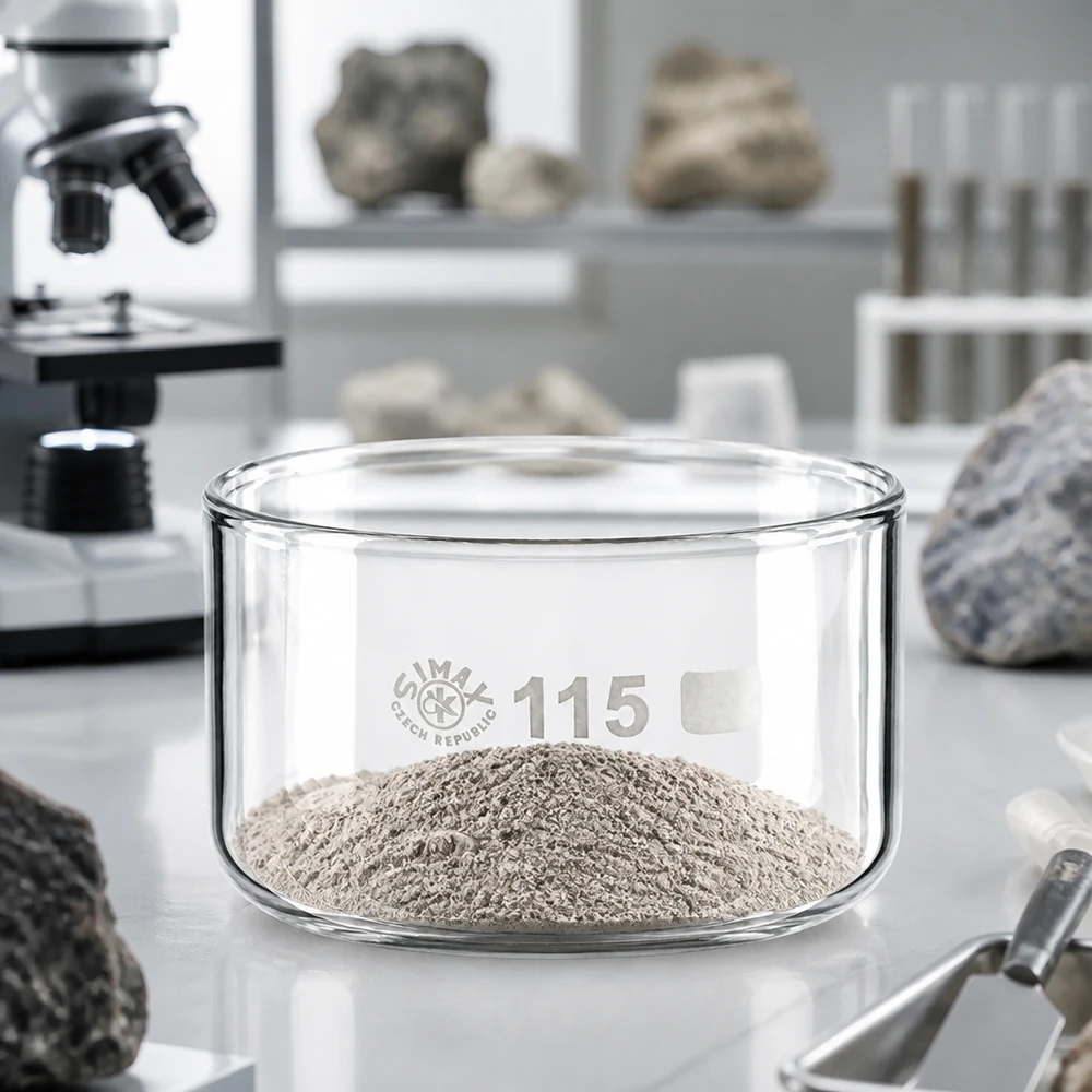 Miska krystalizacyjna SIMAX o pojemności 500 ml z szarym proszkiem mineralnym na białym blacie laboratoryjnym