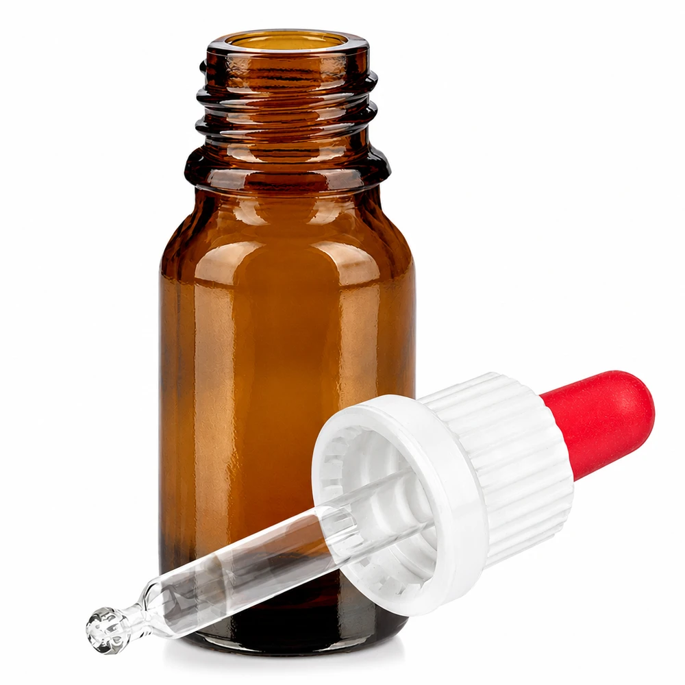 Brązowa szklana butelka 10 ml z pipetą i czerwonym zakraplaczem do olejków eterycznych i serum