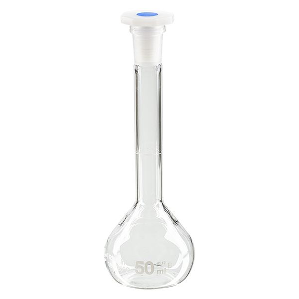 Kolba miarowa 50 ml ze standardowym szlifowanym złączem i korkiem PEHD Kolba miarowa 50 ml ze standardowym szlifowanym złączem i korkiem PEHD