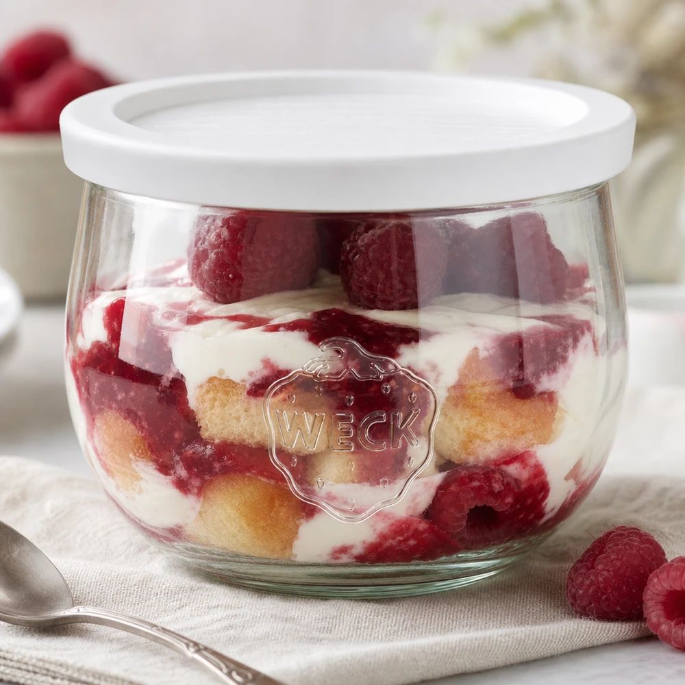 Słoik tulipan WECK 580 ml ze świeżą pokrywką jako miseczka deserowa do warstwowych deserów z malinami i śmietaną