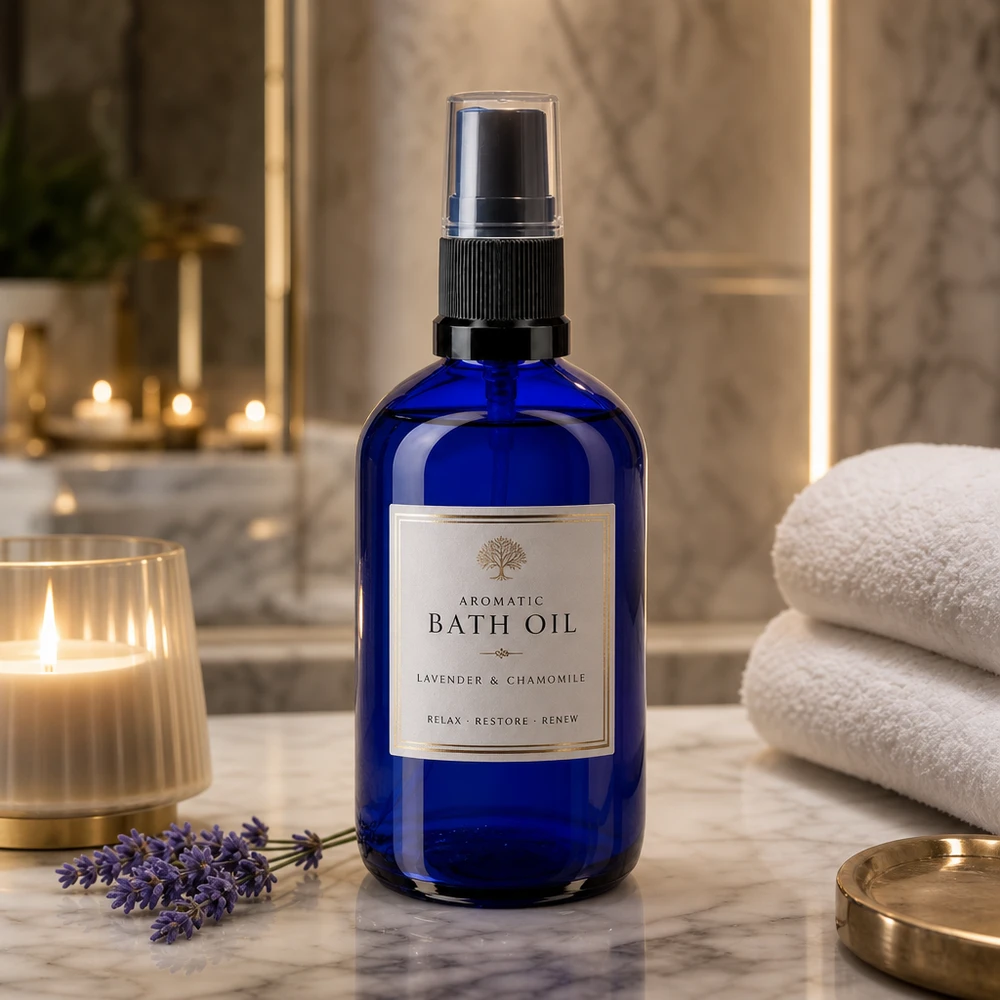 Niebieska butelka z atomizerem o pojemności 100 ml, wykonana ze szkła aptecznego, z etykietą „Aromatic Bath Oil” na tle marmuru