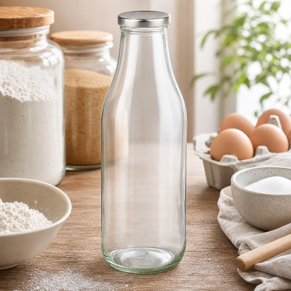 Szklana butelka 1000 ml + pokrywka BasicSeal w kolorze srebrnym UNiTWIST. Całkowicie szczelna z dużą pokrywką TO48. Do mleka, soków i lemoniady. Glasflasche 1000ml in stilvoller Küchenumgebung mit Backzutaten und Dekoration für den täglichen Gebrauch