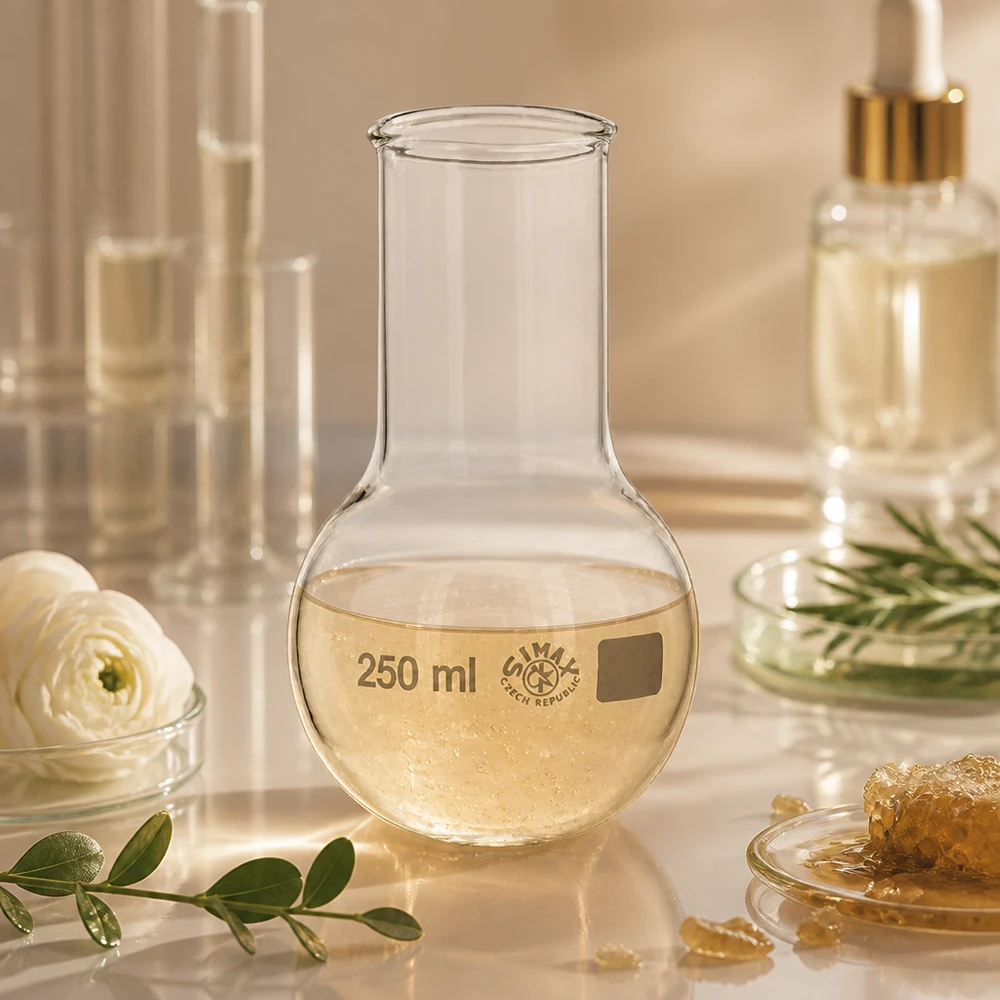 Kolba okrągłodenna z szeroką szyjką 250 ml Przezroczysta kolba okrągłodenna o pojemności 250 ml z szeroką szyjką, idealna do destylacji i syntezy w laboratorium.