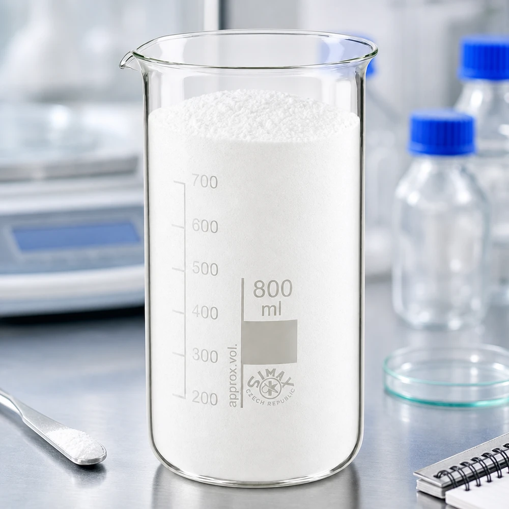 Zlewka 800 ml ze szkła borokrzemowego, wysoka Szklana zlewka o pojemności 800 ml, wysoka, wypełniona białym proszkiem, na wadze laboratoryjnej, stół ze stali nierdzewnej SIMAX