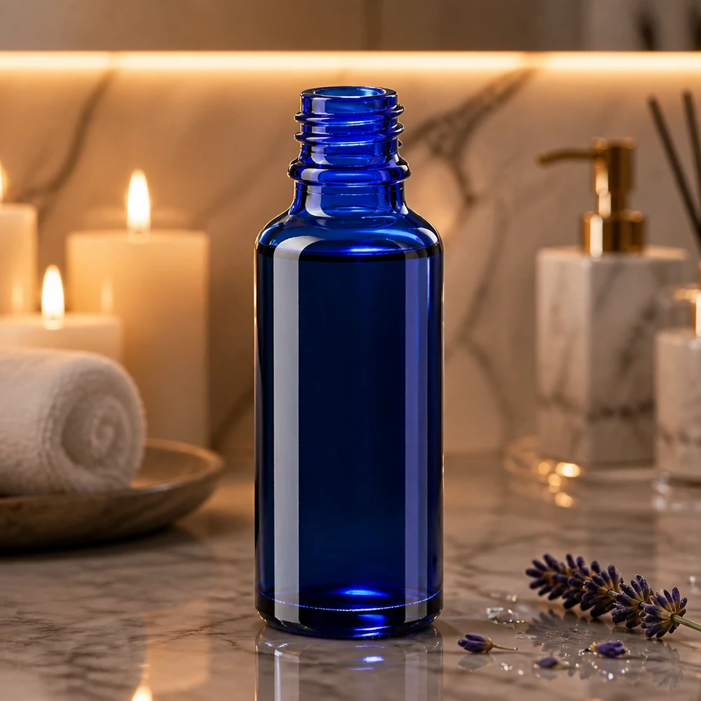 Butelka z zakraplaczem 30 ml DIN 18 NIEBIESKIE SZKŁO Niebieska szklana buteleczka ApoGlas o pojemności 30 ml na marmurowym tle z lawendą i świecami w atmosferze spa